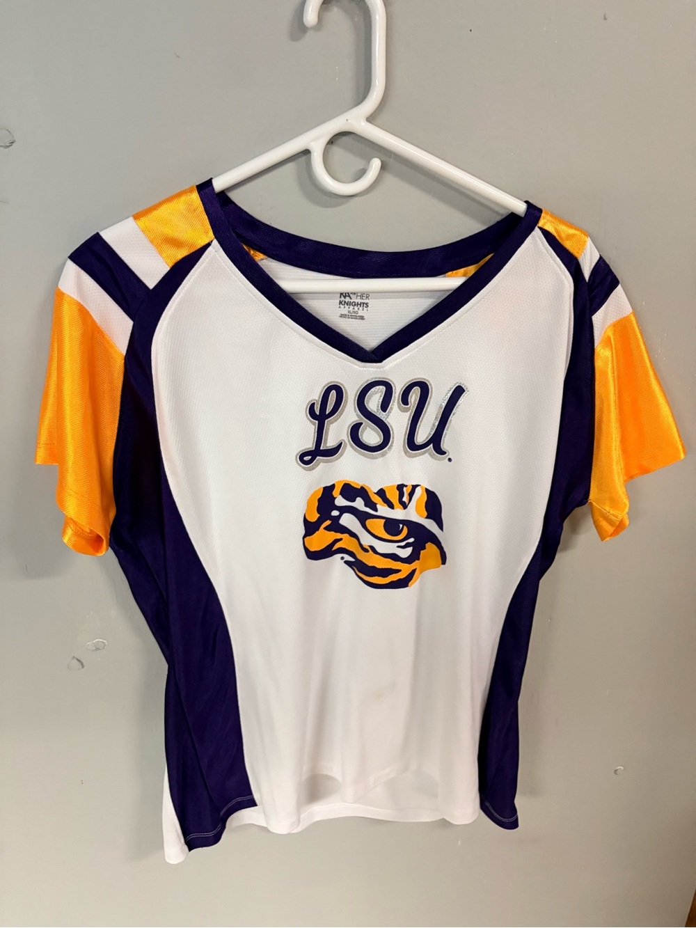 Knights Apparel LSU Women's V-Neck Tee in White, Purple & Gold